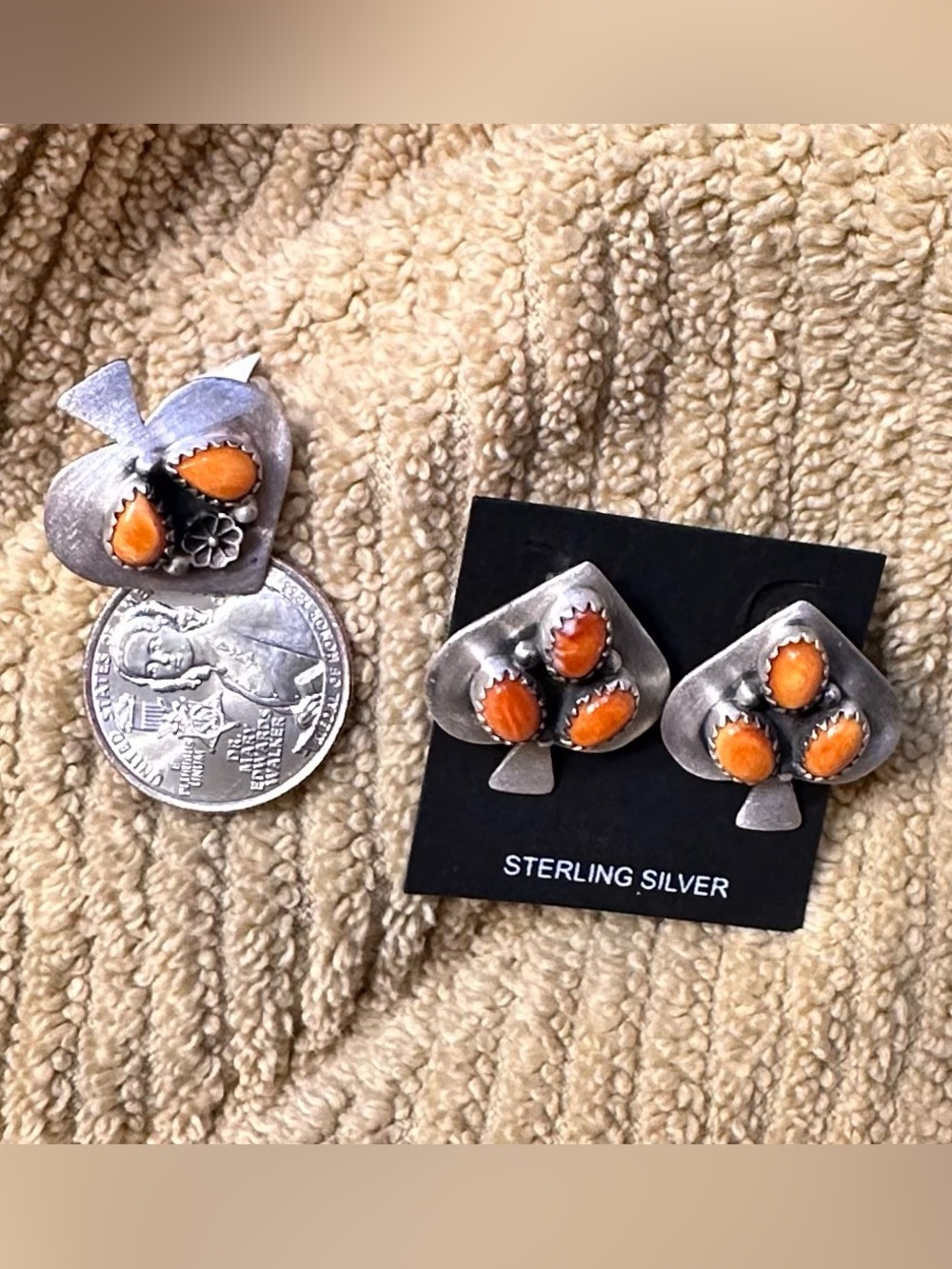 Sterling Silver Orange Spiney Spade Earrings and Ring Set